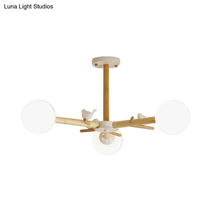 DecorBites™ DecorBites™ Modern Wooden Branch Flush Chandelier with Ball Cream Glass Shades - Nordic Design, 3/6/8 Heads, White Semi Flush Ceiling Light