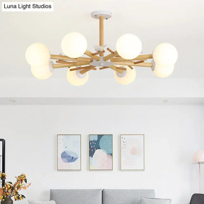 DecorBites™ DecorBites™ Modern Wooden Branch Flush Chandelier with Ball Cream Glass Shades - Nordic Design, 3/6/8 Heads, White Semi Flush Ceiling Light