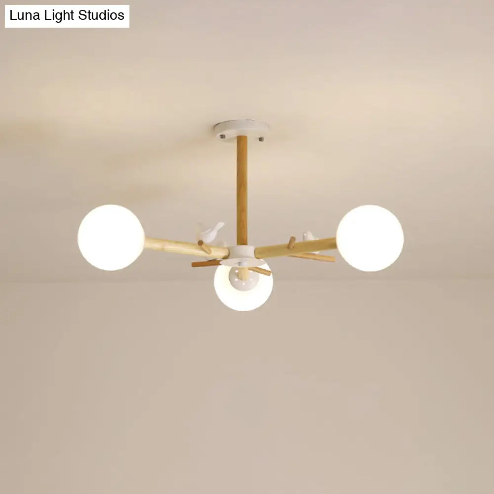 DecorBites™ DecorBites™ Modern Wooden Branch Flush Chandelier with Ball Cream Glass Shades - Nordic Design, 3/6/8 Heads, White Semi Flush Ceiling Light