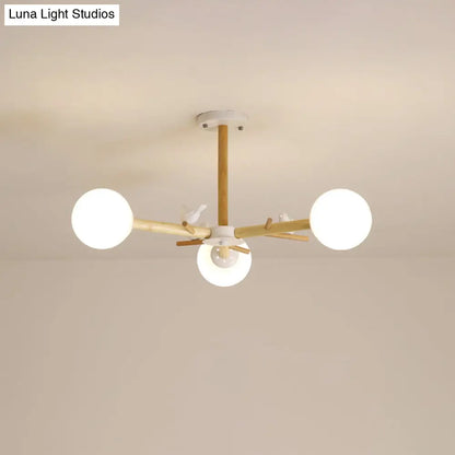 DecorBites™ DecorBites™ Modern Wooden Branch Flush Chandelier with Ball Cream Glass Shades - Nordic Design, 3/6/8 Heads, White Semi Flush Ceiling Light