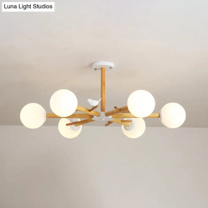 DecorBites™ DecorBites™ Modern Wooden Branch Flush Chandelier with Ball Cream Glass Shades - Nordic Design, 3/6/8 Heads, White Semi Flush Ceiling Light