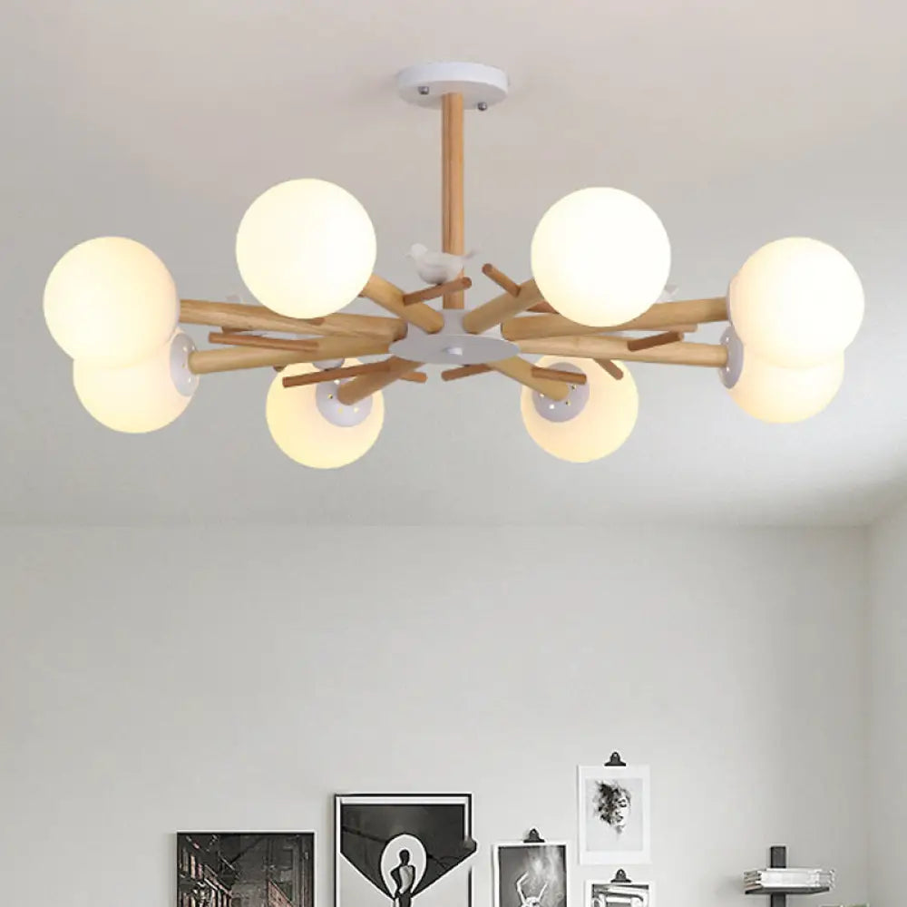 DecorBites™ DecorBites™ Modern Wooden Branch Flush Chandelier with Ball Cream Glass Shades - Nordic Design, 3/6/8 Heads, White Semi Flush Ceiling Light