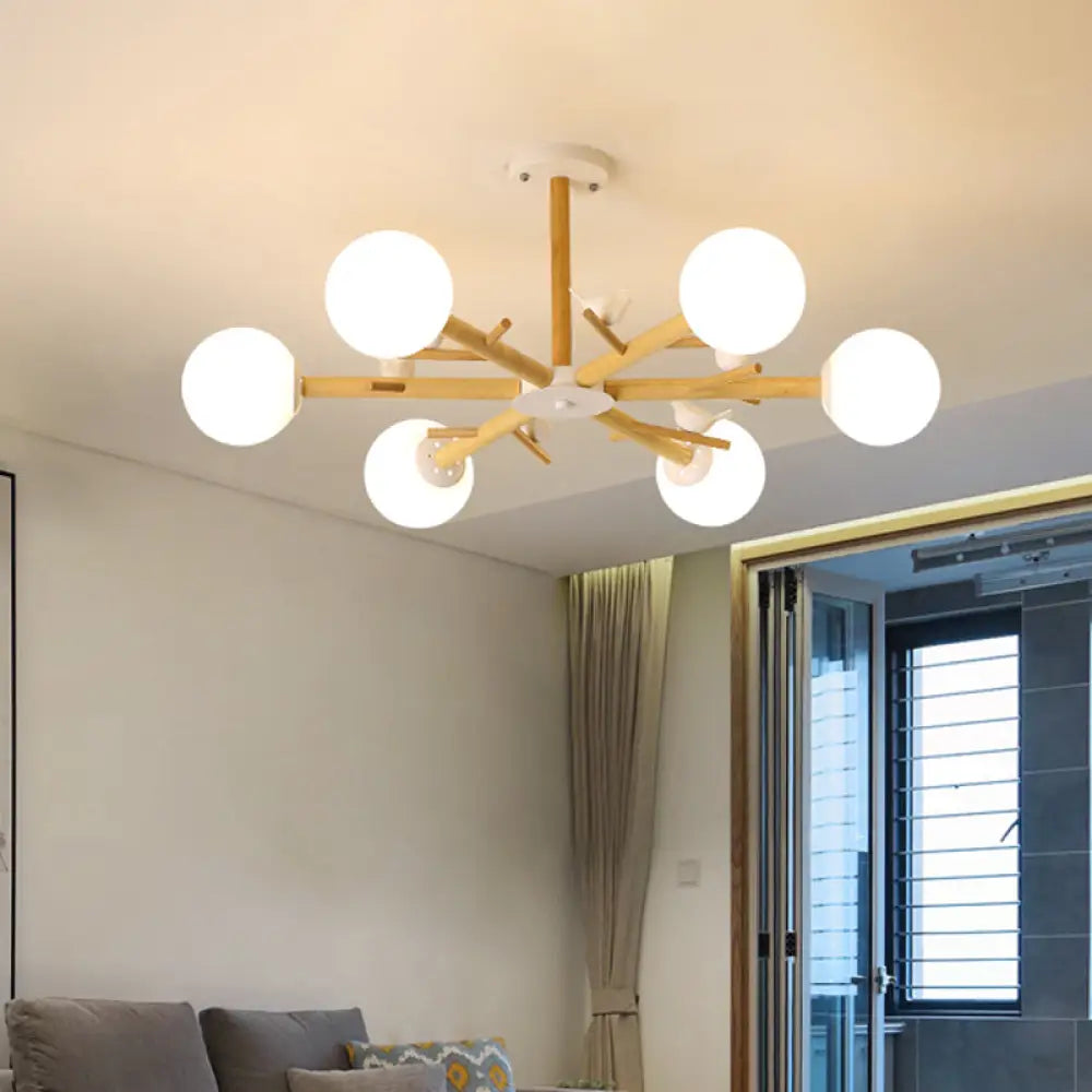 DecorBites™ DecorBites™ Modern Wooden Branch Flush Chandelier with Ball Cream Glass Shades - Nordic Design, 3/6/8 Heads, White Semi Flush Ceiling Light