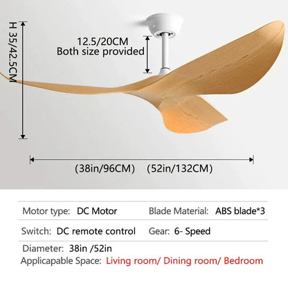 Modern wooden ceiling fan with three light brown abs blades and white motor housing with remote control for modern spaces
