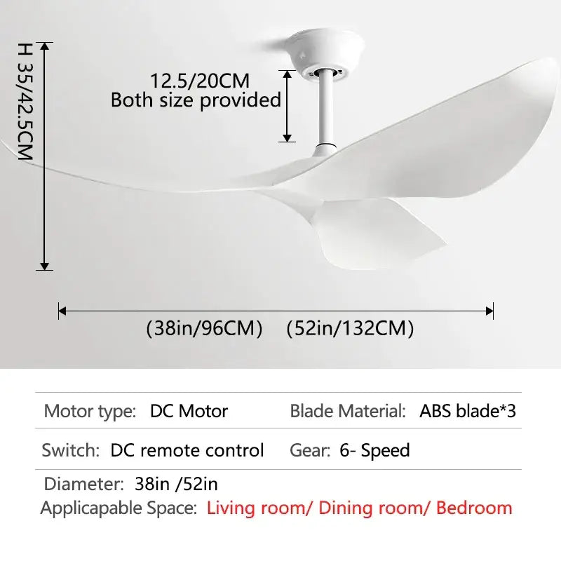 White modern ceiling fan with abs blades and remote control ideal for living room modern spaces