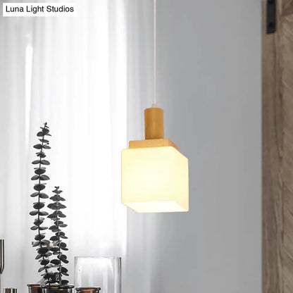 Modern Wooden Cube Glass Pendant Light for Foyer - Asian Inspired Ceiling Lamp