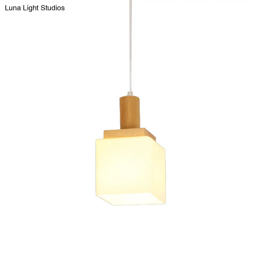 Modern Wooden Cube Glass Pendant Light for Foyer - Asian Inspired Ceiling Lamp