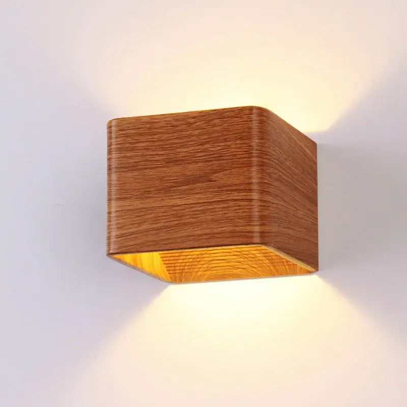 Modern wooden cube led wall light bedroom sconce with warm-toned wood and sleek design by decorbites led wall