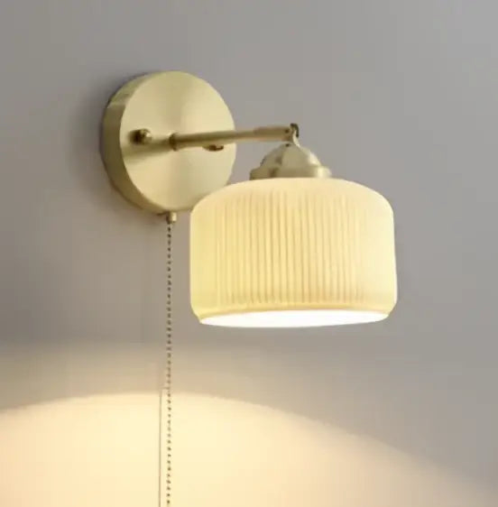 Modern wooden cube led wall sconce with cream ribbed glass lamp and brass arm for decorbites led wall lighting