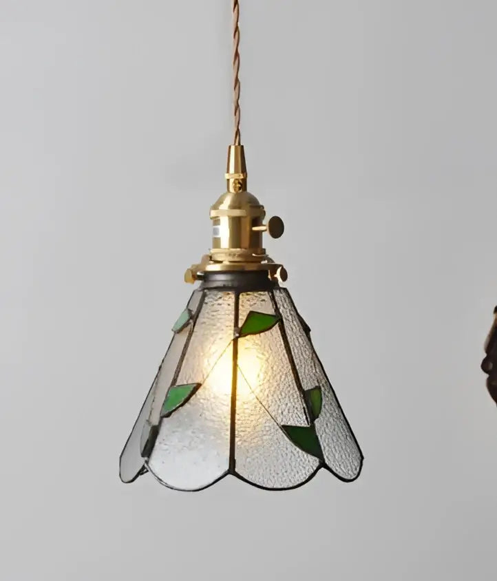 Modern wooden cube led wall sconce with knob switch featuring a brass pendant light and frosted glass shade with leaf motifs