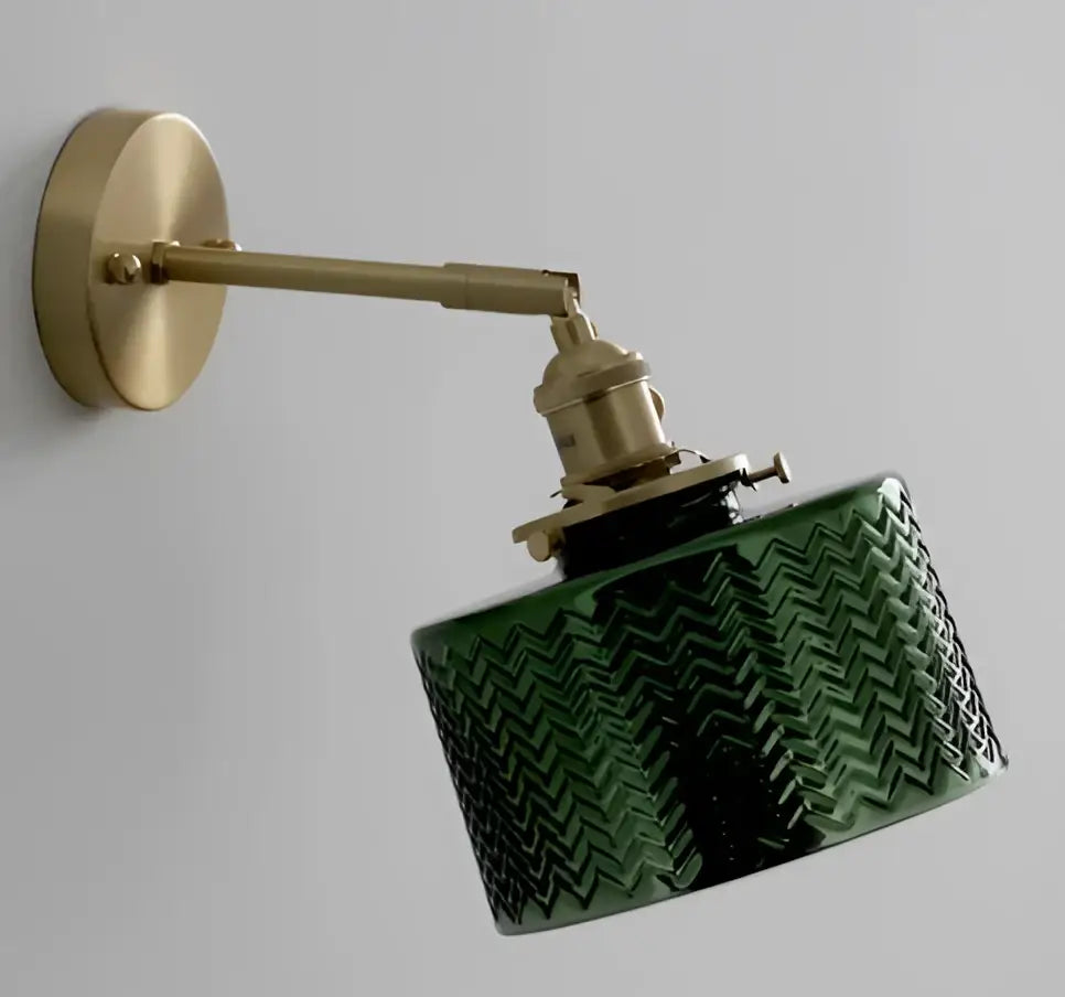 Modern wooden cube led wall sconce with green glass lampshade textured chevron pattern brass arm decorbites led wall sconce