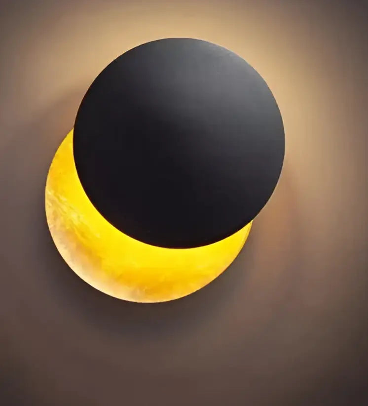 Black and gold circular matte finish wall sconce with wooden cube design and knob switch for bedroom decorbites led wall light