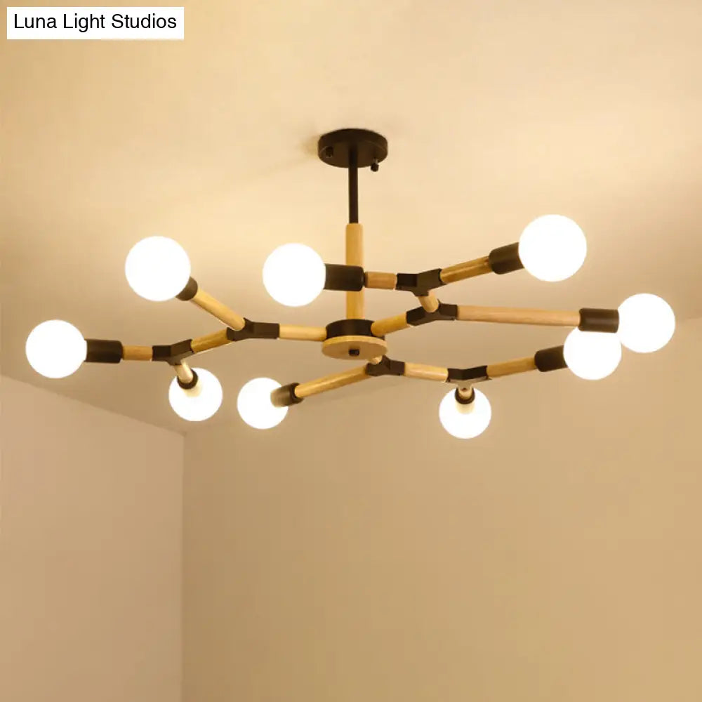 Modern Wooden Molecular Chandelier with Bare Bulbs - 3/6/9 Lights - Black/White Ceiling Hang Lamp
