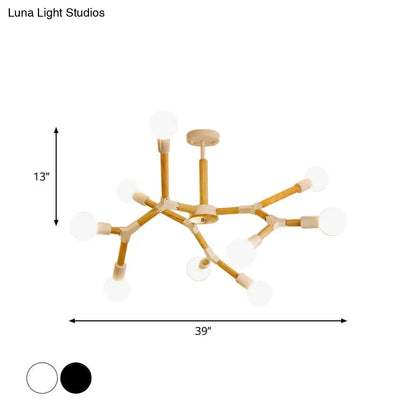 Modern Wooden Molecular Chandelier with Bare Bulbs - 3/6/9 Lights - Black/White Ceiling Hang Lamp