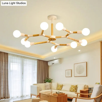 Modern Wooden Molecular Chandelier with Bare Bulbs - 3/6/9 Lights - Black/White Ceiling Hang Lamp
