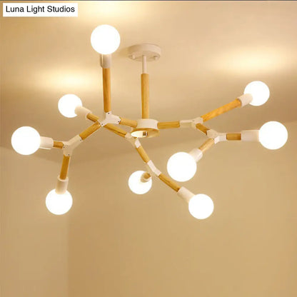 Modern Wooden Molecular Chandelier with Bare Bulbs - 3/6/9 Lights - Black/White Ceiling Hang Lamp