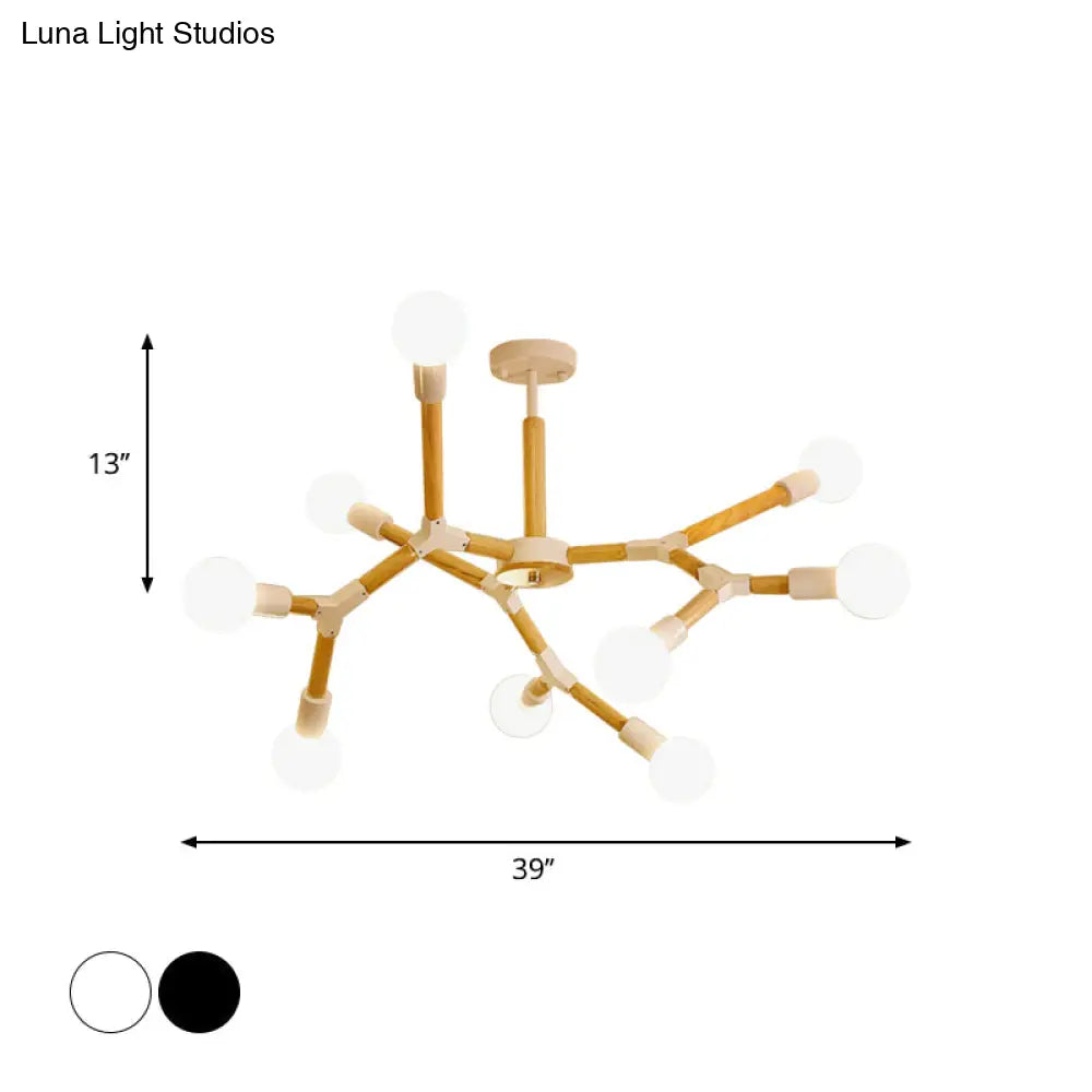 Modern Wooden Molecular Chandelier with Bare Bulbs - 3/6/9 Lights - Black/White Ceiling Hang Lamp