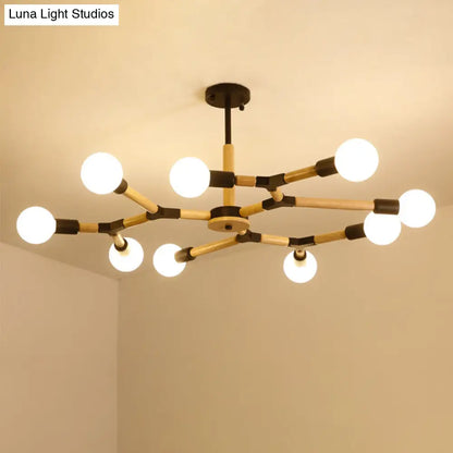 Modern Wooden Molecular Chandelier with Bare Bulbs - 3/6/9 Lights - Black/White Ceiling Hang Lamp