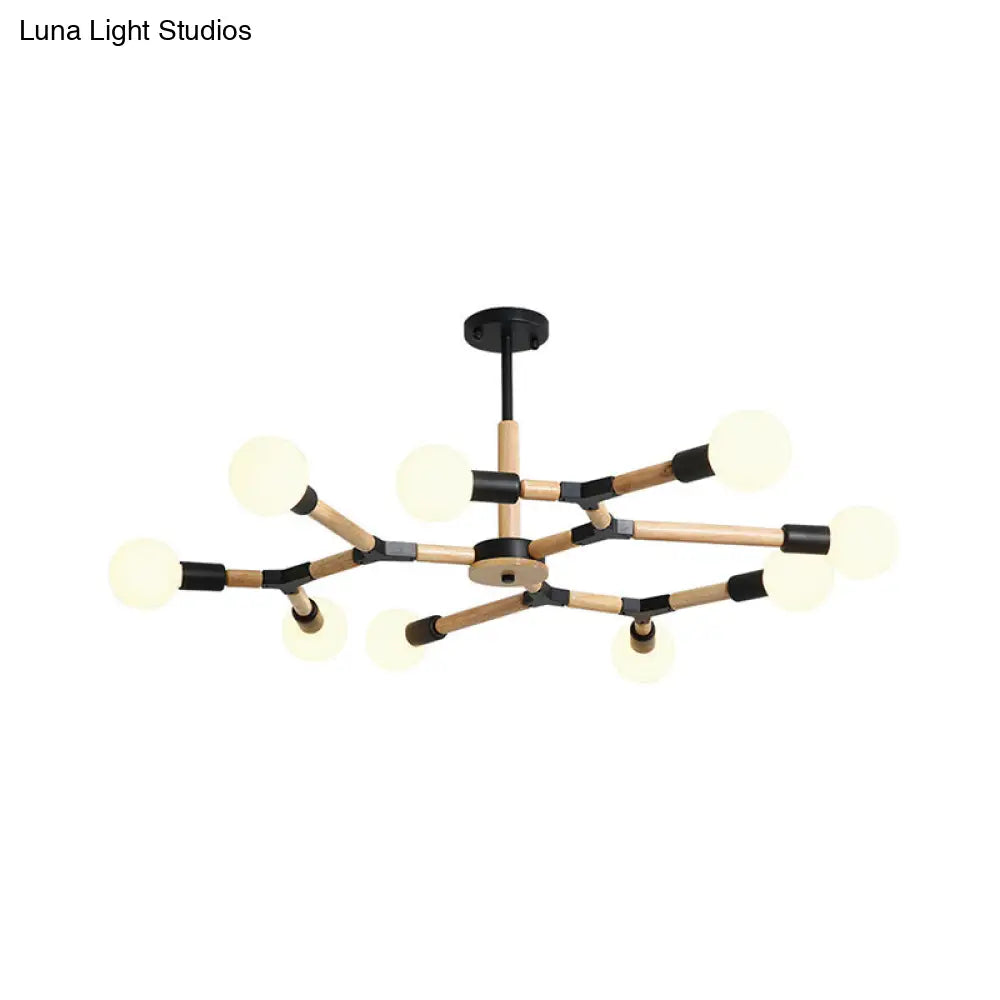 Modern Wooden Molecular Chandelier with Bare Bulbs - 3/6/9 Lights - Black/White Ceiling Hang Lamp