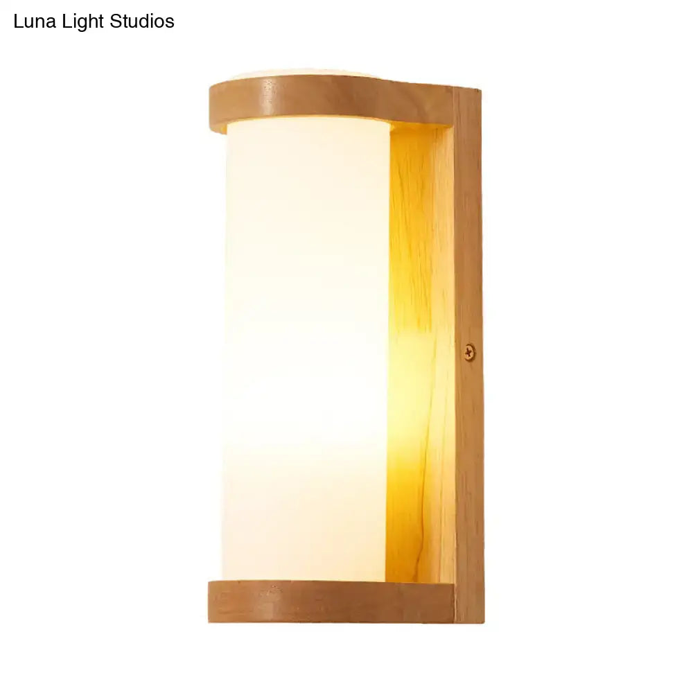 Modern wooden rectangle sconce with warm-toned wood grain and frosted glass cylinder for e26 e27 bedroom wall light