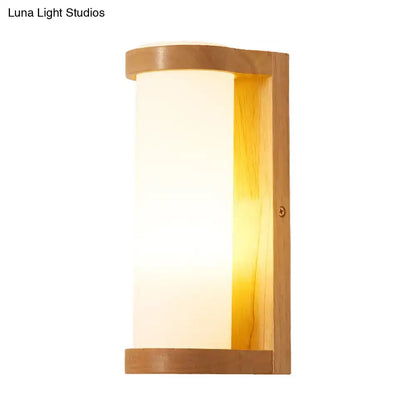 Modern wooden rectangle sconce with warm-toned wood grain and frosted glass cylinder for e26 e27 bedroom wall light