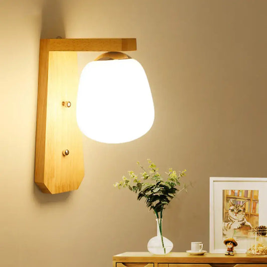 Modern wooden wall lamp with warm-toned wood fixture and frosted milky glass globe shade for 220v-240v use