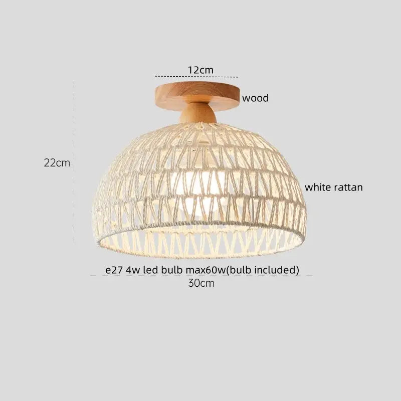 A white rattan pendant ceiling light with wooden mount featuring decorbites led wicker wood design for hallway use