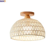 Beige woven rope dome ceiling light with natural wood mounting plate for modern decorbites led wicker wood ceiling lights