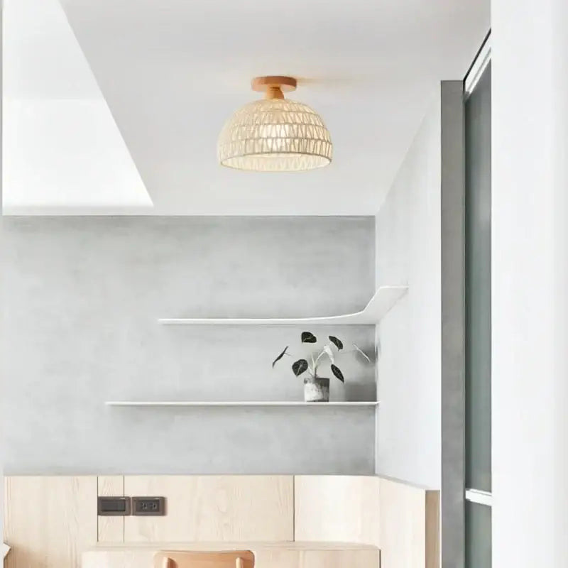 A warm-toned woven beige rattan decorbites led wicker wood ceiling light with wooden mount for modern hallways