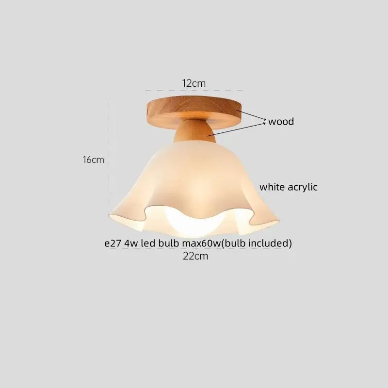 A warm-toned white acrylic lampshade with ruffled edge on natural wood base for decorbites led wicker wood ceiling lights