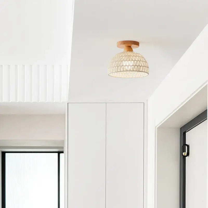 Modern woven beige decorbites led wicker wood ceiling lights with a warm wooden base and softly glowing textured shade