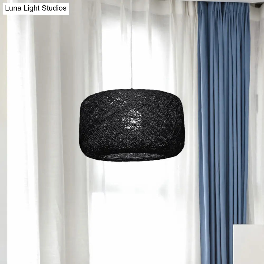 Modern Woven Rattan Drum Pendant Lamp - 8"/12" Diameter - Black/White