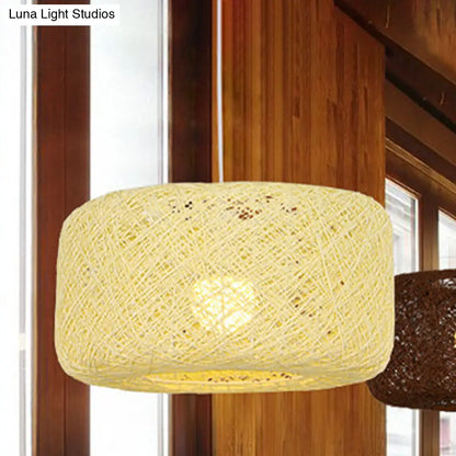 Modern Woven Rattan Drum Pendant Lamp - 8"/12" Diameter - Black/White