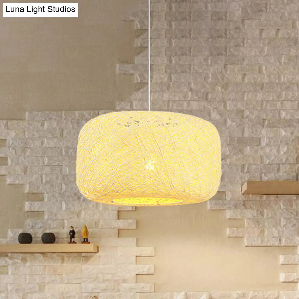 Modern Woven Rattan Drum Pendant Lamp - 8"/12" Diameter - Black/White