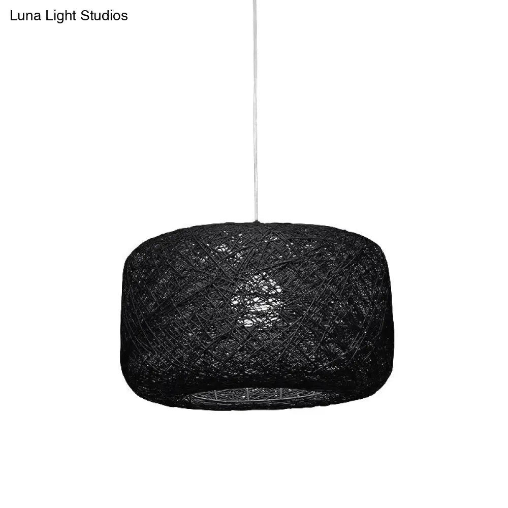 Modern Woven Rattan Drum Pendant Lamp - 8"/12" Diameter - Black/White