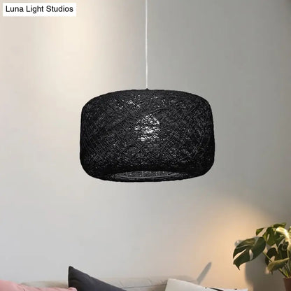 Modern Woven Rattan Drum Pendant Lamp - 8"/12" Diameter - Black/White