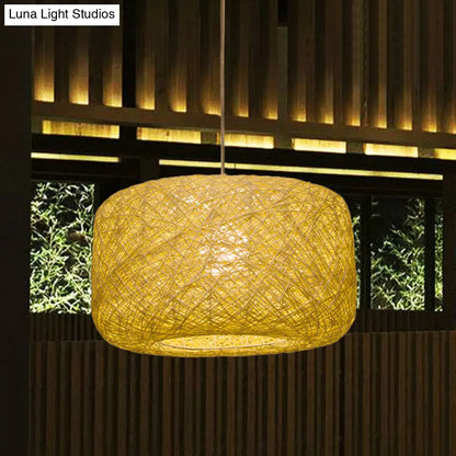 Modern Woven Rattan Drum Pendant Lamp - 8"/12" Diameter - Black/White