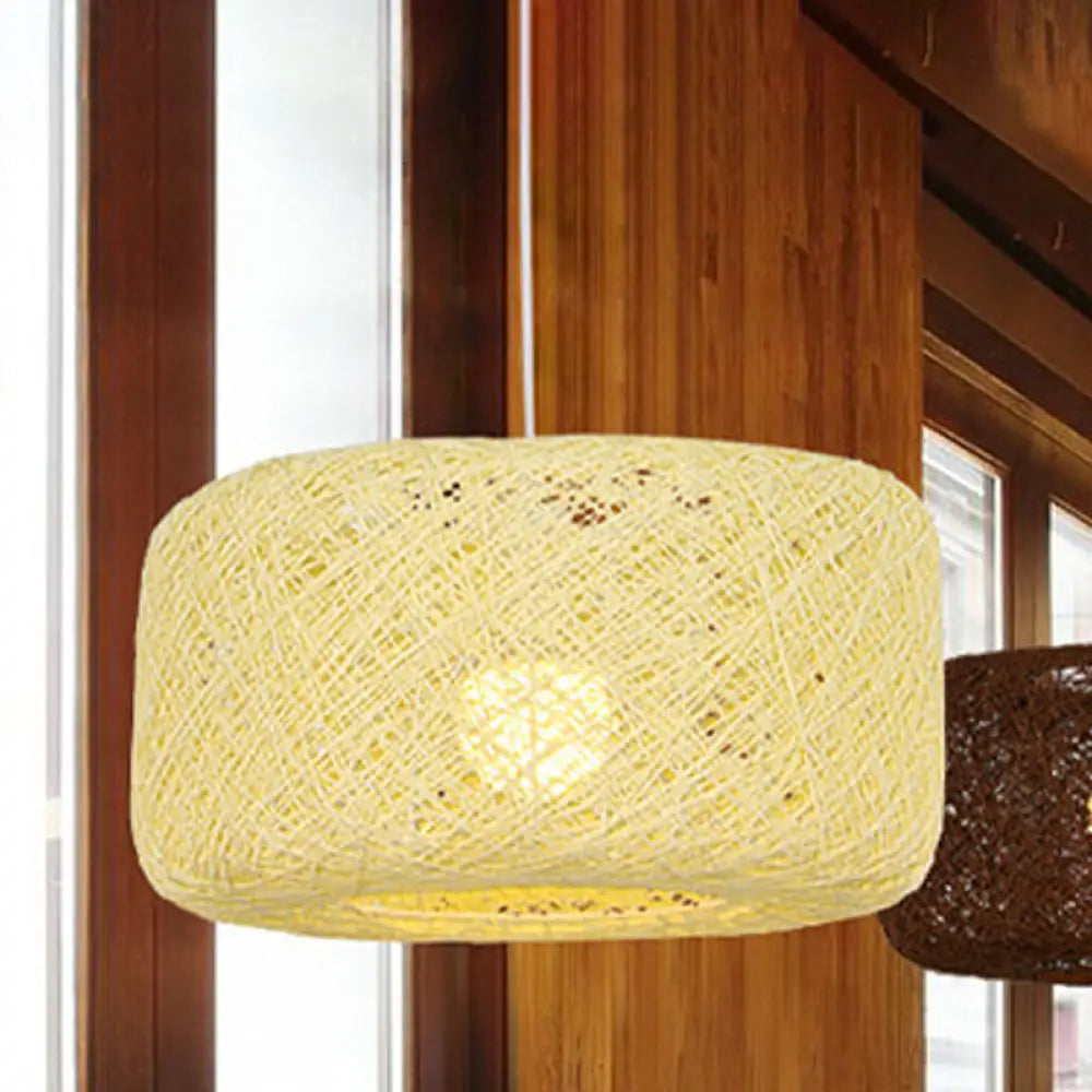 Modern Woven Rattan Drum Pendant Lamp - 8"/12" Diameter - Black/White