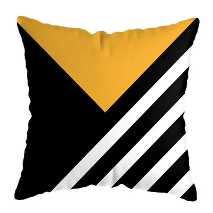 Modern yellow and black geometric deer print pillowcase featuring a mustard triangle and diagonal stripes for living room