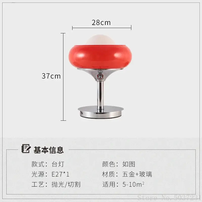 Modern egg tart desk lamp with vibrant red glass shade and polished chrome base for bedroom use
