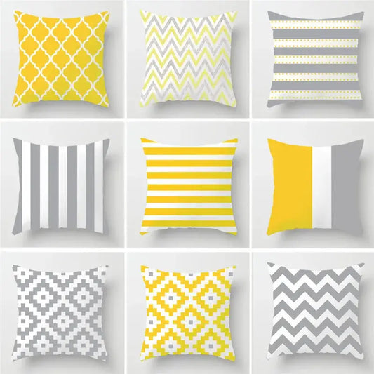 A collection of nine decorbites geometric stripe throw pillows in yellow gray and white for modern living room decor