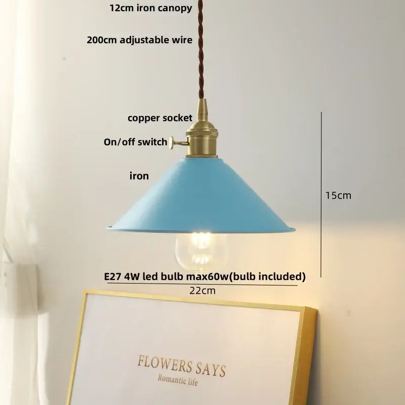 A light blue iron pendant light with a copper knob and adjustable wire for modern kitchen decorbites copper knob iron design