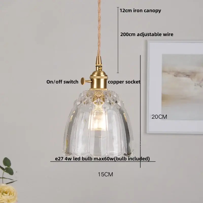 Modern yellow conical pendant light with a faceted glass shade and decorbites copper knob iron suspension for kitchens
