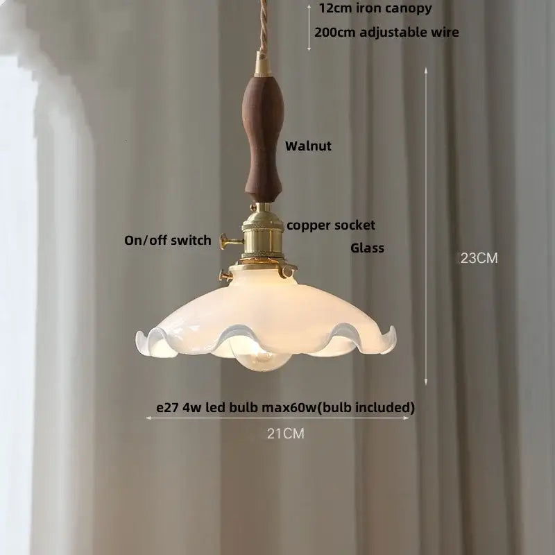 Modern yellow conical pendant light with warm walnut handle brass accents and decorbites copper knob for kitchens