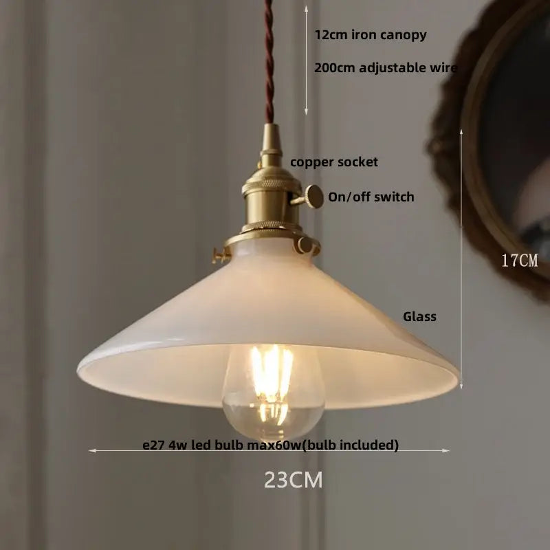 Modern yellow conical pendant light with decorbites copper knob iron canopy and frosted glass shade for kitchens