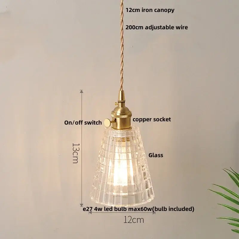 Modern yellow conical pendant light with a clear faceted glass shade and decorbites copper knob iron socket