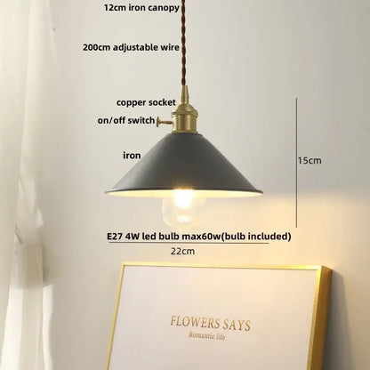 Modern yellow conical pendant light with black iron shade and decorbites copper knob, adjustable wire, and e27 led bulb