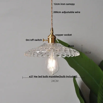 Modern yellow conical pendant light with decorbites copper knob iron and clear glass pendant light with scalloped canopy