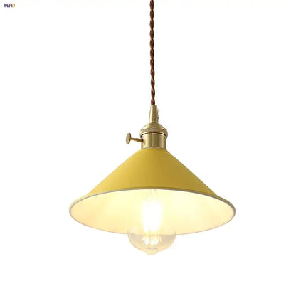 Modern yellow conical pendant light with decorbites copper knob brass hardware and twisted brown cord for kitchens