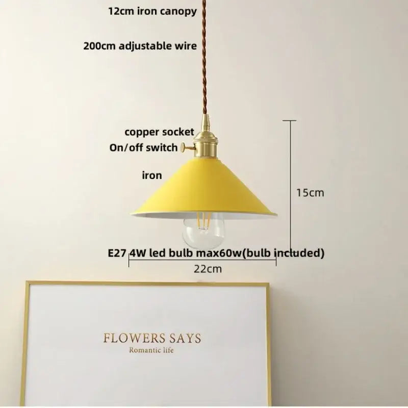 Modern yellow conical pendant light with brass-finished copper knob iron socket ideal for kitchen decorbites pendant light
